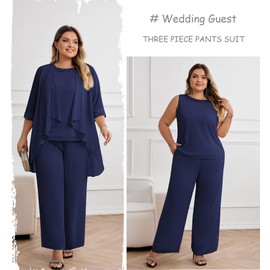 Hanna Nikole Women's Large Sizes Chiffon Evening Suit Sets Cocktail Party Festive Elegant 3-Piece Set Round Neck 3/4 Sleeves and High Waist Trouser Suit, navy