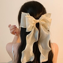 Hair Bow Clips Solid Color Silk Ribbon Bows for Women and Girls  Bowknot Hair Ribbons Stylish Hair Accessories - Color: Beige