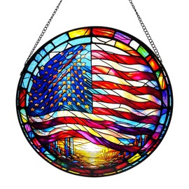 9.84'' American Flag Stained Glass Window Hanging, Patriotic Glass Suncatcher, Stylish Home Decor for Windows, Walls, Patriotic Event