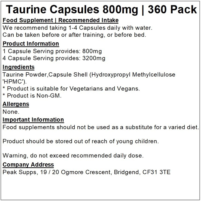 Taurine Capsules 800mg - 360 Pack | Pure No Fillers