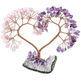 TUMBEELLUWA Crystal Stones Money Tree with Natural Amethyst Cluster Base Handmade Heart Love Figurine Bonsai Tree for Good Luck and Wealth, Amethyst+Rose Quartz