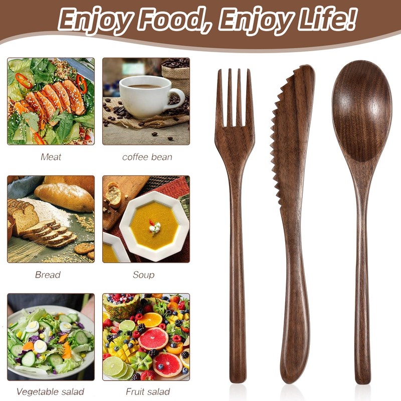 Geiserailie 12 Pcs Wooden Utensils for Eating Wooden Spoon Fork