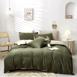 Damier Bed Linen 135 x 200 cm Green Olive Green Beige Reversible Bed Linen Set 2-Piece Super Soft Microfibre Duvet Cover with Concealed Zip and Pillowcase 80 x 80 cm