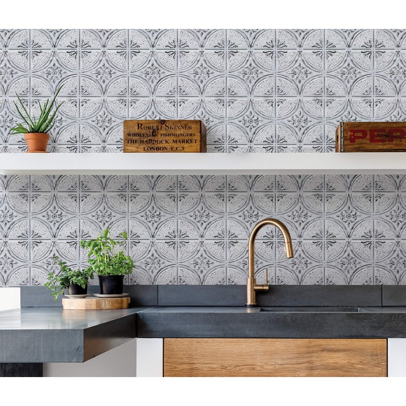 Camden Antique White Faux Tin Peel & Stick Backsplash Tiles