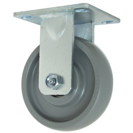 RWM Casters 40 Series Plate Caster, Rigid, Elastomer Wheel, Ball Bearing, 1000 lbs Capacity, 5" Wheel Dia, 1-1/2" Wheel Width, 6-1/8" Mount Height, 4-1/2" Plate Length, 4" Plate Width