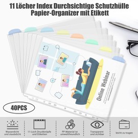 Vakki A4 transparent films with colourful index, can be used as dividers for A4 folders, pack of 40 document sleeves, A4 open top transparent pockets for DIN A4 index and folder dividers