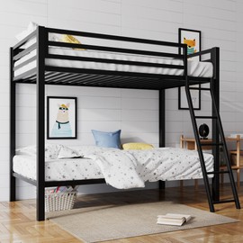 SHA CERLIN Loft Bunk Bed Twin Over Twin Size with Ladder and Guardrail,Heavy Duty Metal Slats Support No Box Spring Needed Small Space Saving Furniture for Bedroom Dorm,Black
