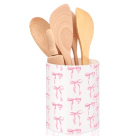 WILLBOND Pink Bow Kitchen Decor Acrylic Kitchen Utensil Holder Crock Spoon Organizer for Countertop Table Decor Coffee Spoon Holder Jar for Cooking Tools
