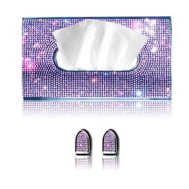 Purple Car Visor Tissue Box Holder, Bling Crystals PU Leather Napkin Holder, Glitter Car Visor Accessories with Sparkly Mask Hook Clip for Women, Gift for Christmas Thanksgiving (Purple 3 pcs)