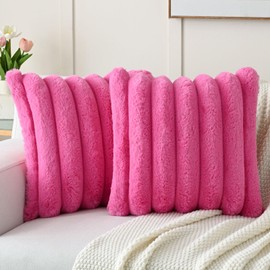 FUTEI Hot Pink Decorative Throw Pillow Covers 20x20 Inch Set of 2, Square Soft Faux Rabbit Fur Thick Striped Cushion Cover,Winter Home Decor for Couch Bed Living Room