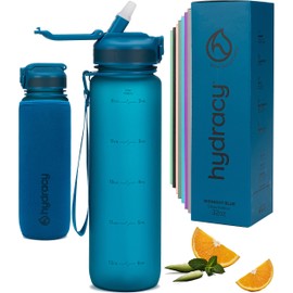Hydracy Water Bottle with Times to Drink & Straw - Large 1 Litre BPA Free Motivational Water Bottle & No Sweat Sleeve -Leak Proof Gym Bottle with Time Marker - Ideal for Fitness, Sports & Outdoors