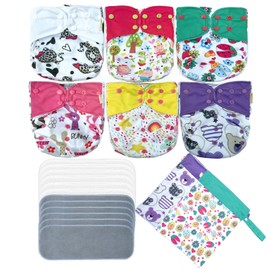 Castle Cat Reusable Baby Diapers 6 Diapers with 12 Inserts One Size Double Gussets Anti Leakage Covers 2 Wet Bags Adjustable Washable Reusable for Baby Girls and Boys(Girl Prints 06)
