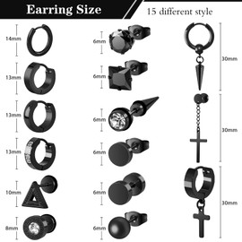 XINNSTAR Men Earrings Set of 15, Black Earrings for Men Stainless Steel Set Hypoallergenic Cross Dangle Hinged Earrings Set Gifts for Men Women Fashion Jewelry Fathers Day Gift