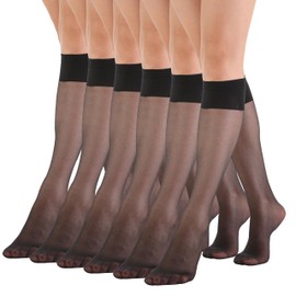EVERSWE 6 Pairs Women's Sheer Knee High Stockings 15D (Black,One Size)