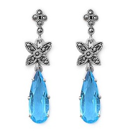 Teardrop Flower Hanging Earrings Blue Simulated Topaz Simulated Marcasite .925 Sterling Silver
