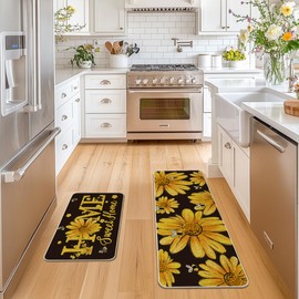 Artoid Mode Black Bee Sunflower Daisy Home Spring Kitchen Mats Set of 2, Summer Home Decor Low-Profile Kitchen Rugs for Floor - 17x29 and 17x47 Inch