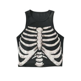 Meladyan Women Y2K Skeleton Graphic Print Aesthetic Crop Tank Top Sleeveless Ribbed Knit Grunge E-Girl Goth Cropped Vest Tops Black