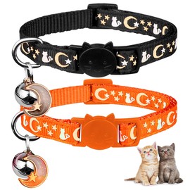 2PCS Breakaway Cat Collars with Bell Cute Kitty Glow in The Dark Adjustable Kitten Collars(Orange&Black)