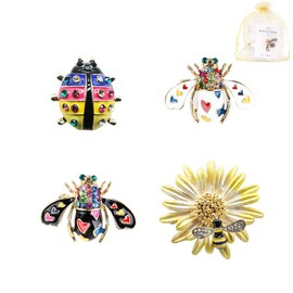 4 Pcs Bee Ladybird Enamel Brooch Rhinestone Crystal Beauty Clothes Collar Dress Scarf Bag Decoration Clip Lapel Pin for Women Gift Jewelry Accessories