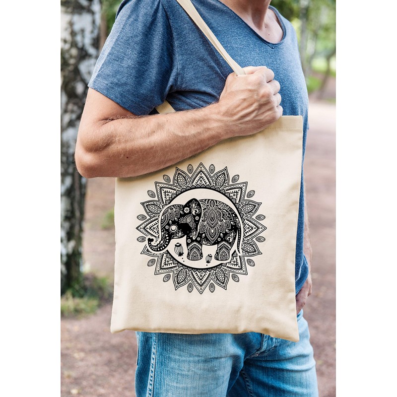 Jute Bag Elephant Mandala Boho Bohamian Ethnic Tribal Ornament Cotton