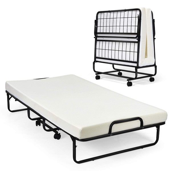 Giantex Metal Folding Bed with Mattress, Rollaway Guest Beds w/Super Sturdy Metal Frame and 4" Foam Mattress for Adults, Easy Storage, Portable Bed on Wheels for Office Room Living Room- Twin Size