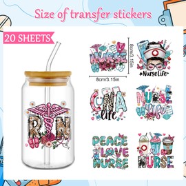 Rngmsi UV DTF Cup Wrap - 20 Sheets Nurse UV DTF Wraps for 16 oz, Bow Daisy Drink Cups Affirmative Uvdtf Stickers for Glass Water Bottles, Pink Blue Rub on Transfer Decals, DIY Nurse Gift