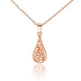 Hoops & Loops Rose Gold Flashed Sterling Silver Teardrop Filigree Drop Necklace