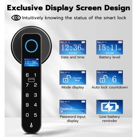 Anweller Smart Door Knob Lock with Display Screen, Fingerprint Keyless Entry Door Lock with Code Keypad Handle, Electronic Biometric Security Locking Door Lever Locks for Bedroom Interior - Black