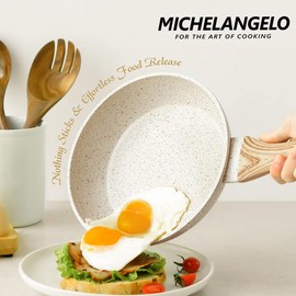 MICHELANGELO Small Frying Pan with Lid, Frying Pan Nonstick with Non-Toxic Coating, Granite Egg Pan with Anti-Scald Handle, Non stick White Cookware - Size: 10 Inch, Color: Black