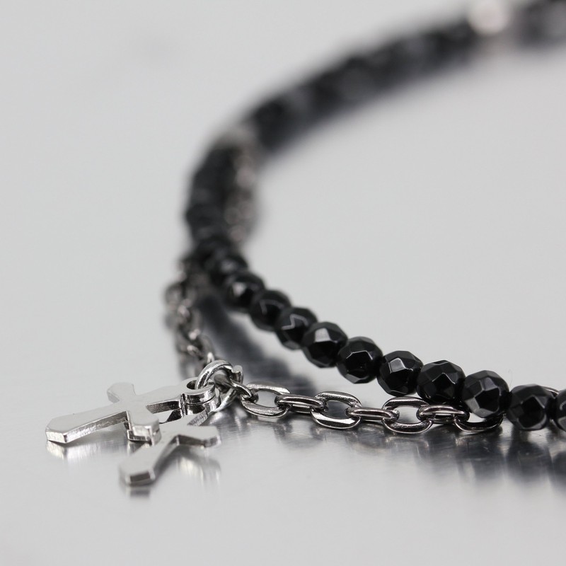 Orris Anklet, Black, Onyx, Silver, Stainless Steel, Popular, Double Cross,