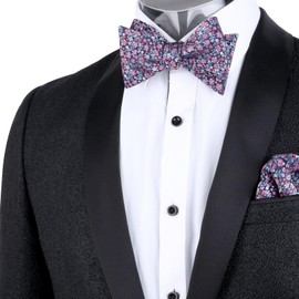 Alizeal Mens Silver Dot Wedding Pre-Tied Bow Tie and Handkerchief, Navy Blue + Hot Pink, One size fits all