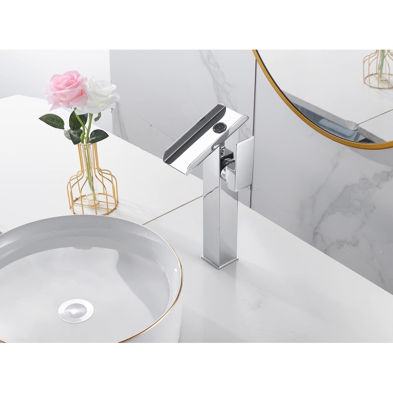 Chrome Bathroom Faucet LED 3 Color Changing Light Waterfall Vessel