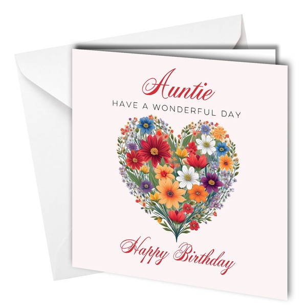 Traditional Birthday Card for Auntie, Heart Shaped Flowers design, Blank