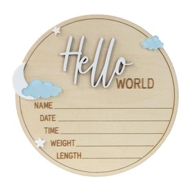 Hello World Baby Birth Stats Sign, 6.2 inches, Wood Engraved Hospital Announcement Board with Flower (BB75)