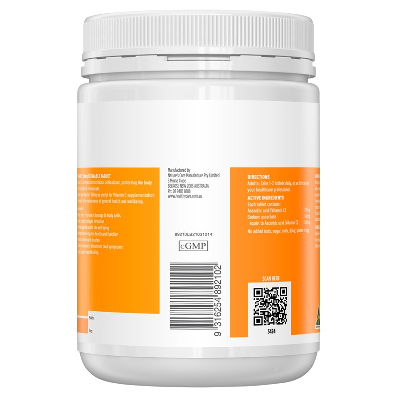 Healthy Care Vitamin C Chewable Tablets - Supports Skin Health