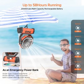 Rechargeable Camping Fan with LED Lantern, 20000mAh Auto-Oscillating Battery Operated with Remote/Hook/Timer, 8” Portable Fan for Picnic, Fishing,Tent, RV, Power Outages, Hurricane(Orange)