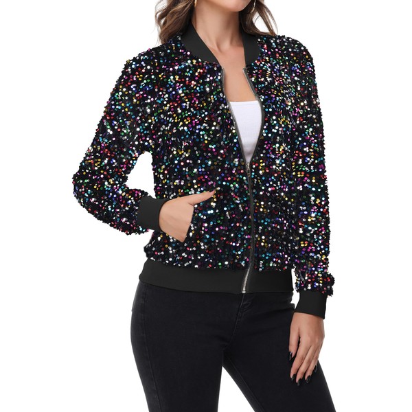 Anna-Kaci Women's Sparkly Sequin Jacket Zipper Long Sleeve Glitter Sequin