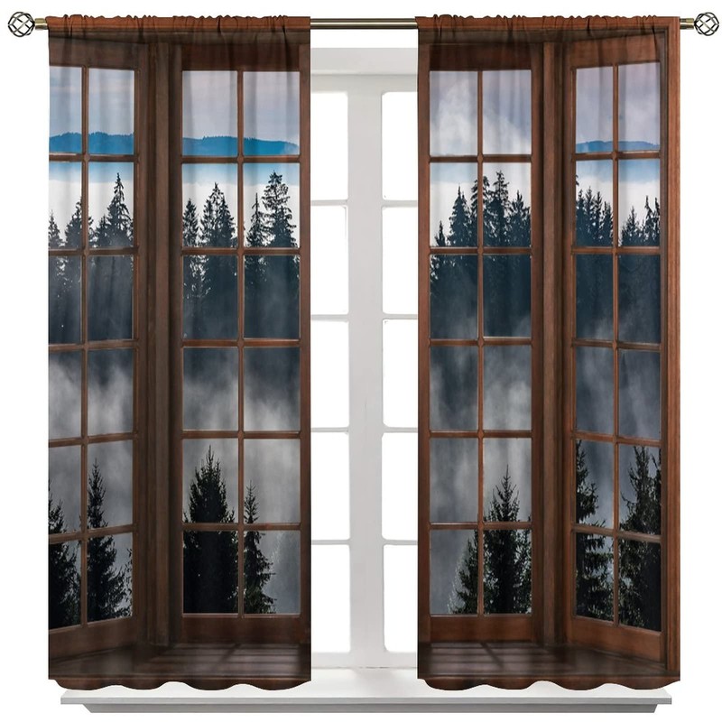 Misty Forest Landscape Curtains, Wooden Window Forest Mountain Rustic Bedroom