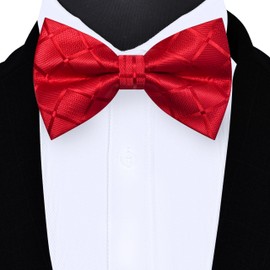 Gusleson Red Bow Tie Pocket Square Set for Wedding Pre-Tied Silk Plaid Checkered Bowties Handkerchief Cufflinks for Men (UK0494-16)