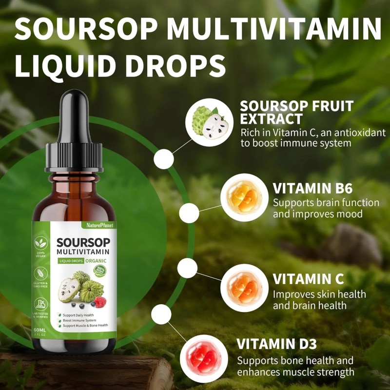 NaturePlanet Soursop Multivitamin Liquid Drops with 5000mg Soursop, Vitamin B...