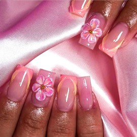 French Tip Press on Nails Medium Square Fake Nails with 3D Flower Designs Pink Nails Press ons Glossy Glue on Nails Yellow False Nails Nude Acrylic Nails Cute Stick on Nails for Women 24Pcs