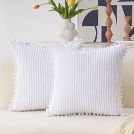Home Brilliant Decorative Accent Pillow Covers Pom Pom Boho Throw Pillows for Couch Bedroom Plush Cushion Cover for Sofa, 2 Pack, 18x18 inch (45cm), Pure White