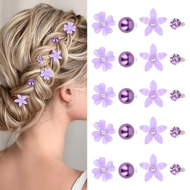 YISSION Decorative Hair Accessories: 20Pcs Mini Rhinestone Flower Pins, Pearl Barrettes, Cute Purple Bridal/Wedding Clips for Girls Women