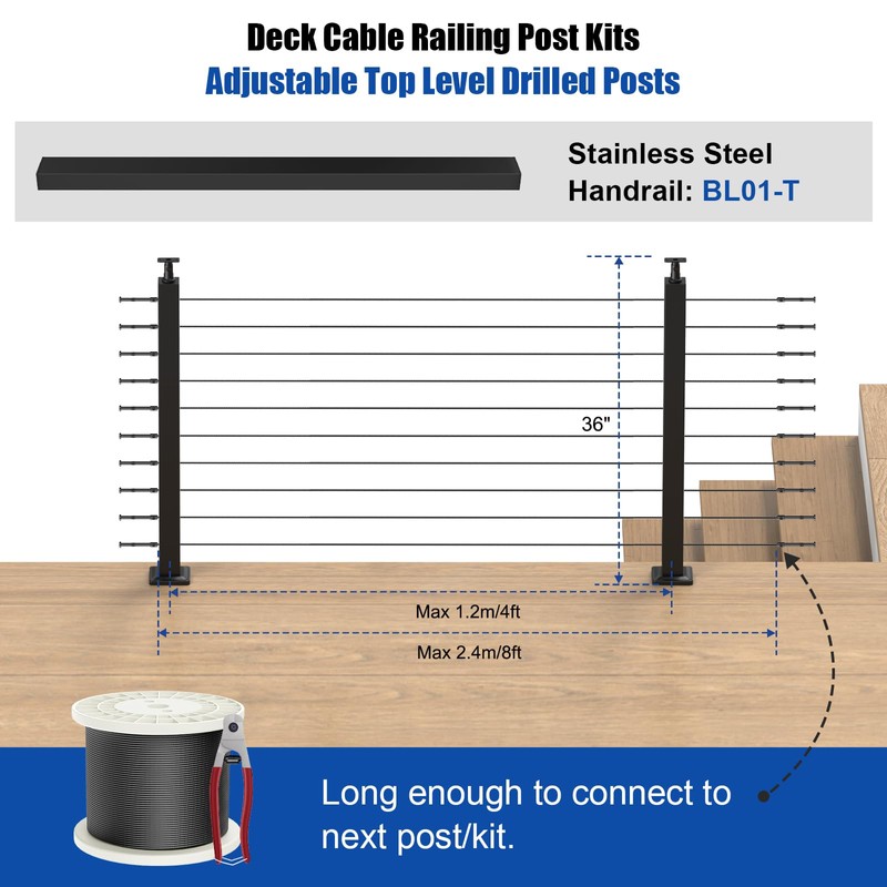 BLIKA Complete Set 36" Cable Railing Post Kit, Black Surface