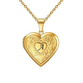KunBead Gold Heart Picture Locket Pendant Necklace Letter A Initial Photo Locket Necklaces for Picture