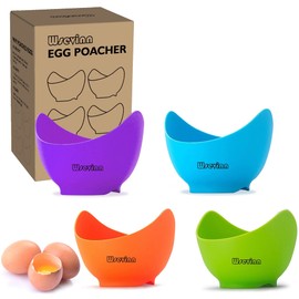 Poached Egg Cooker, Silicone Egg Poacher Cups with Ring Standers, Non Stick Egg Poaching Cup for Microwave or Stovetop Egg Cooking, Gift Box Packaging, 4 Pack (Extra Oil Brush Included)