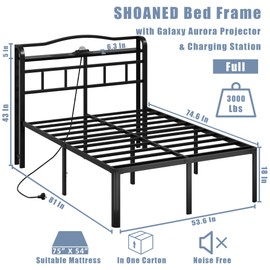 SHOANED 18 Inch Metal Bed Frame - Full Size Black Heavy Duty Bedframe with Starry Sky Projector Platform Basic Mattress Foundation with Headboard & Charging Station