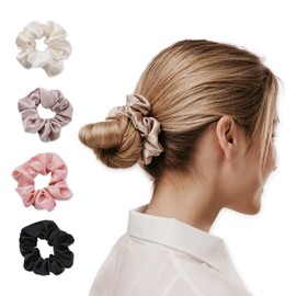 Marie Madeleine Beauty Haargummis aus Satin-Stoff, Scrunchies, Haargummis für Damen, Haarzubehör, Haargummis für Mädchen, Srunchies aus cremefarbenem Satin, Rosa, Beige und Schwarz, 4 Stück