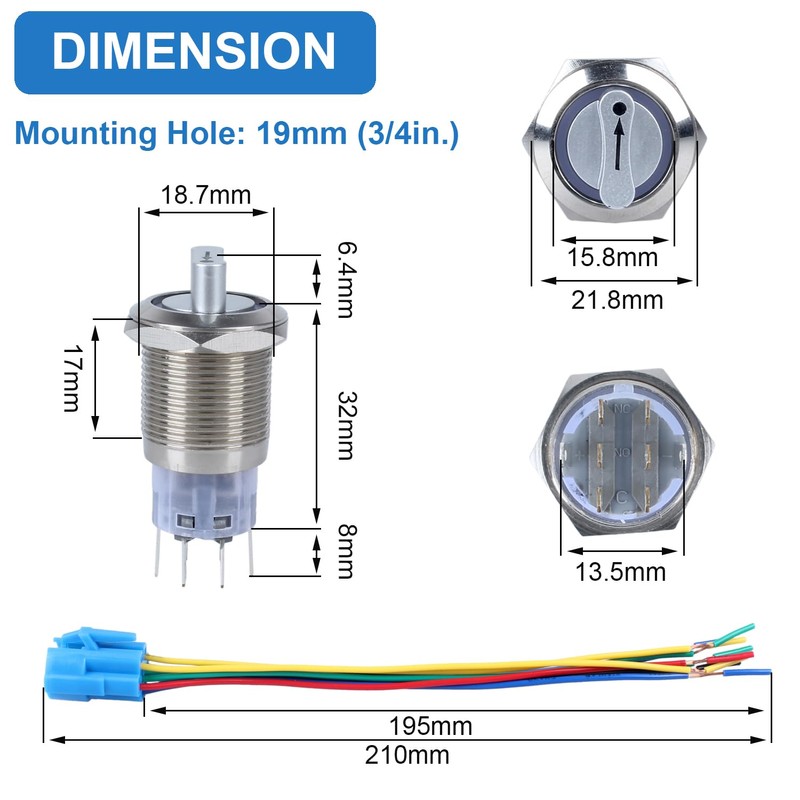 DMWD 19mm Latching Selector Rotary Switch 3 Positions 2NO 2NC