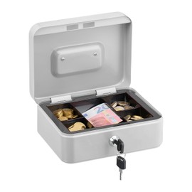 Relaxdays Lockable Cash Box, Removable Insert, 5 Compartments, Iron Cash Box, H x W x D: 8.5 x 20 x 17 cm, White